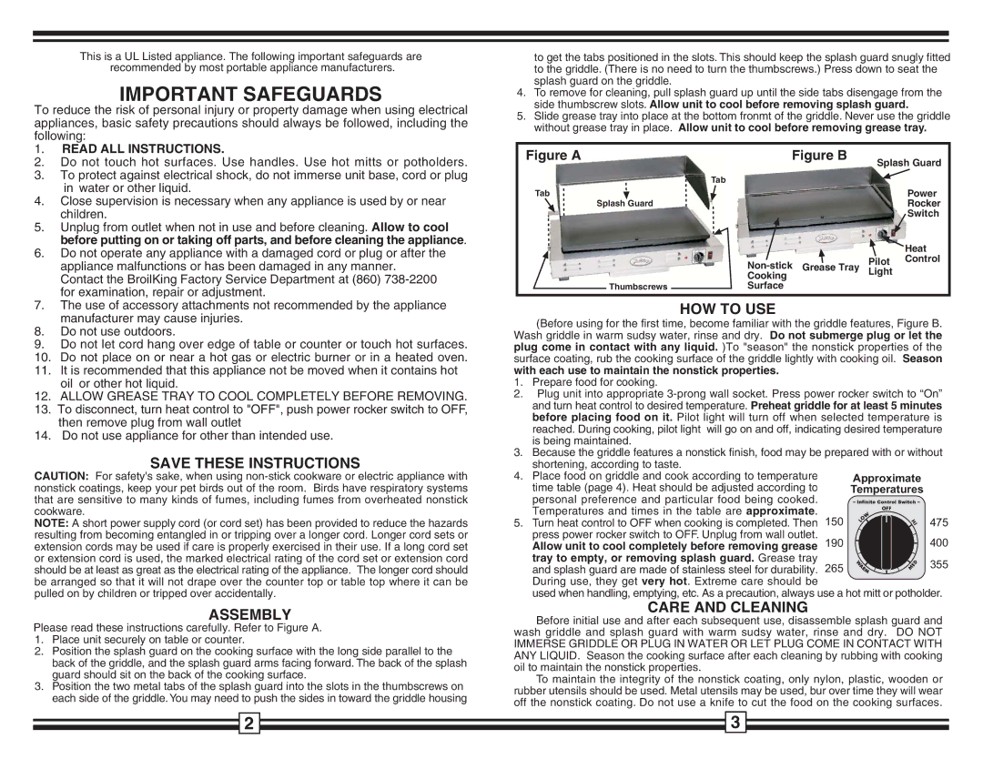 Broil King CG-10B warranty Assembly, HOW to USE, Care and Cleaning 