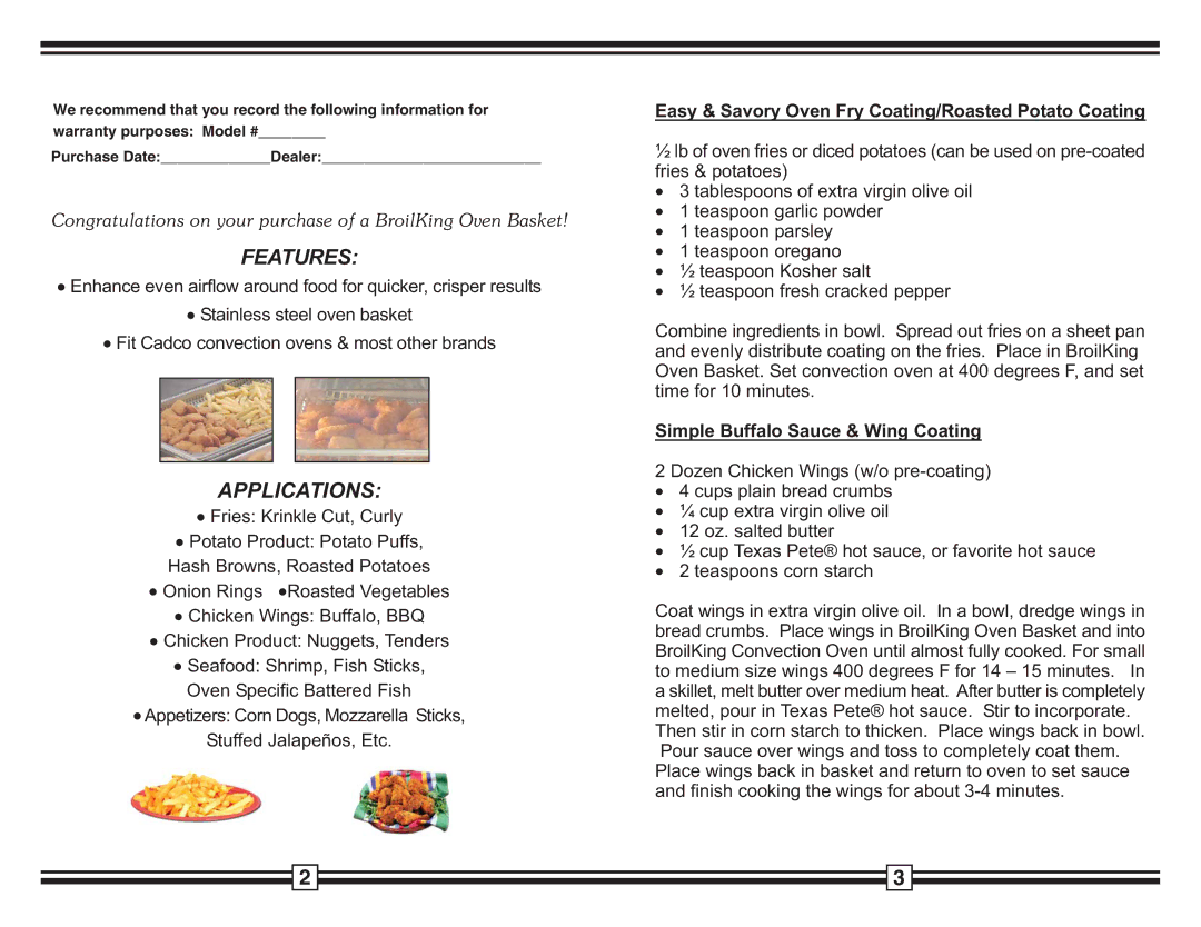 Broil King COB-Q, COB-H warranty Features, Applications, Easy & Savory Oven Fry Coating/Roasted Potato Coating 