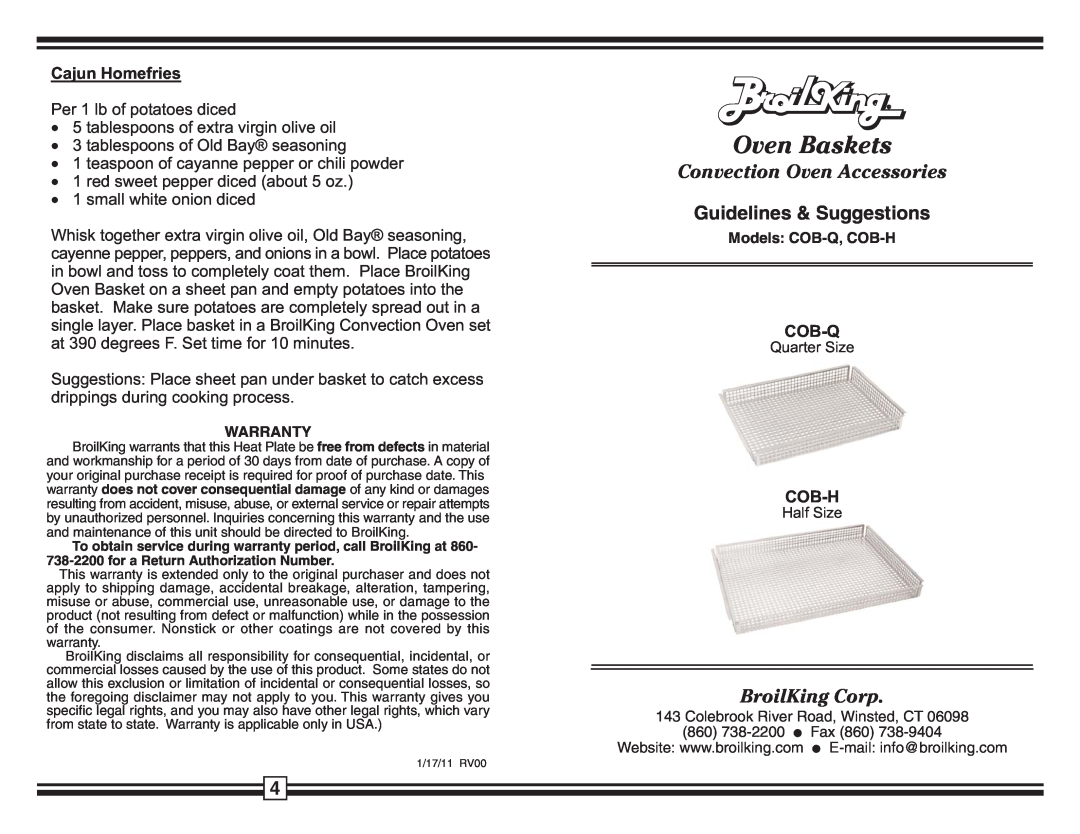 Broil King COB-H warranty Convection Oven Accessories, Guidelines & Suggestions, BroilKing Corp, Cajun Homefries, Cob-Q 