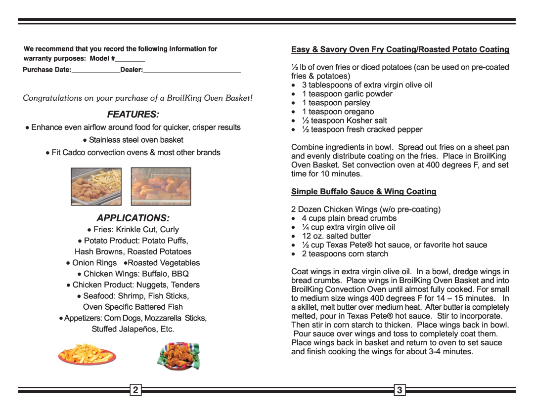 Broil King COB-Q, COB-H warranty Features, Applications, Simple Buffalo Sauce & Wing Coating 