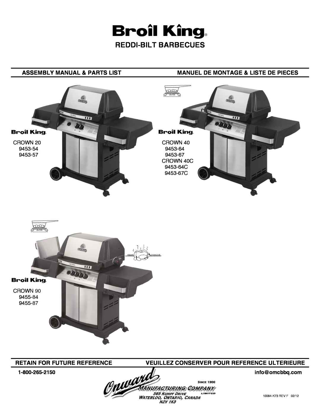 Broil King 9453-67 manual info@omcbbq.com, Reddi-Bilt Barbecues, Assembly Manual & Parts List, Retain For Future Reference 