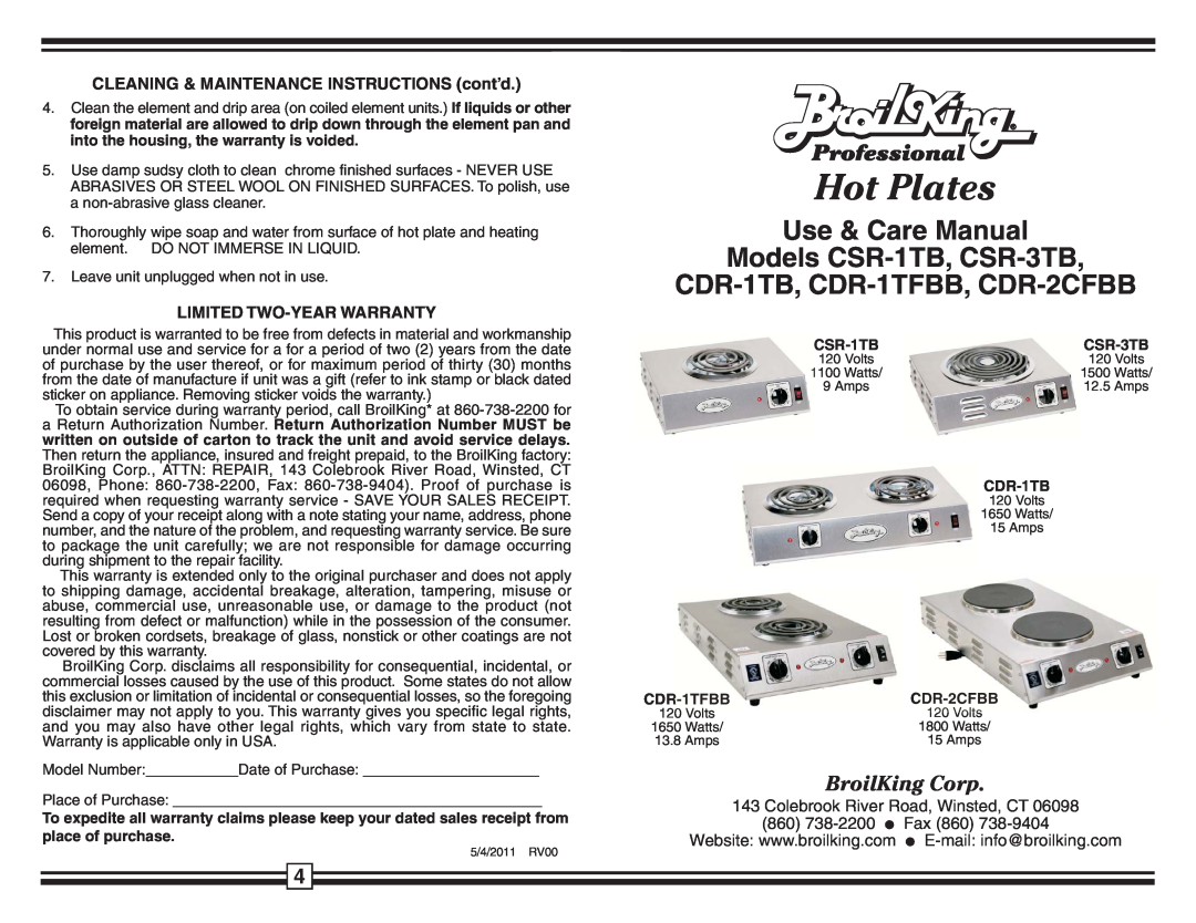 Broil King CDR-1TB warranty CLEANING & MAINTENANCE INSTRUCTIONS cont’d, Limited Two-Yearwarranty, Hot Plates, Professional 