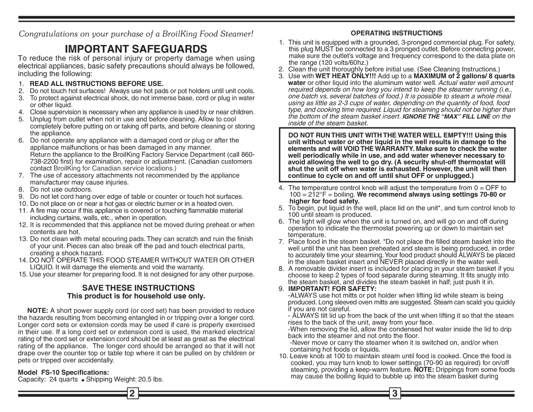 Broil King FS-10 warranty Read ALL Instructions Before USE, Operating Instructions, IMPORTANT! for Safety 
