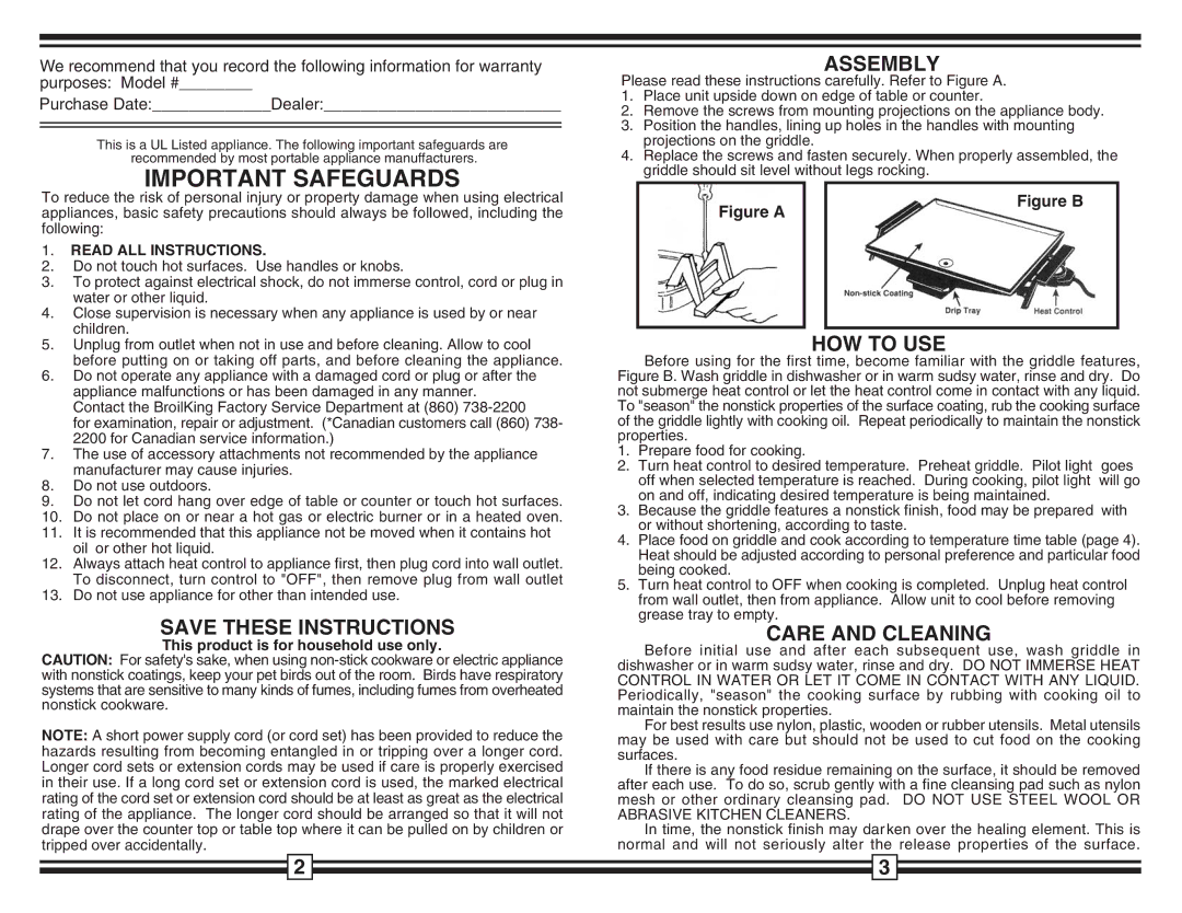 Broil King GRD550 warranty Assembly, HOW to USE, Care and Cleaning, Read ALL Instructions 