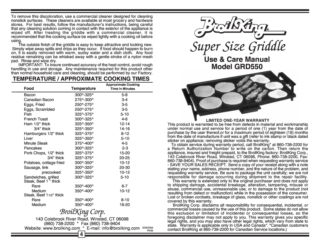 Broil King GRD550 warranty Temperature / Approximate Cooking Times, Super Size Griddle, BroilKing Corp, Food 