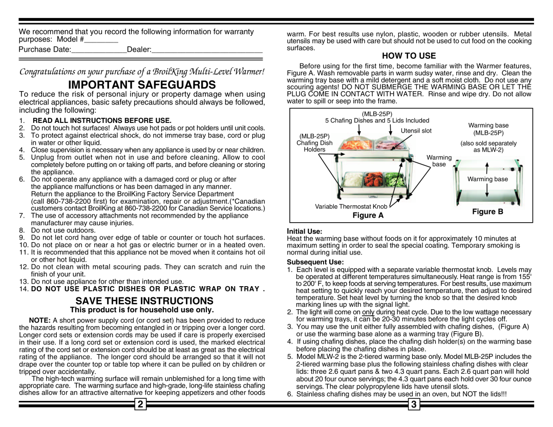 Broil King MLW-2 warranty Save These Instructions, How To Use, Important Safeguards, This product is for household use only 