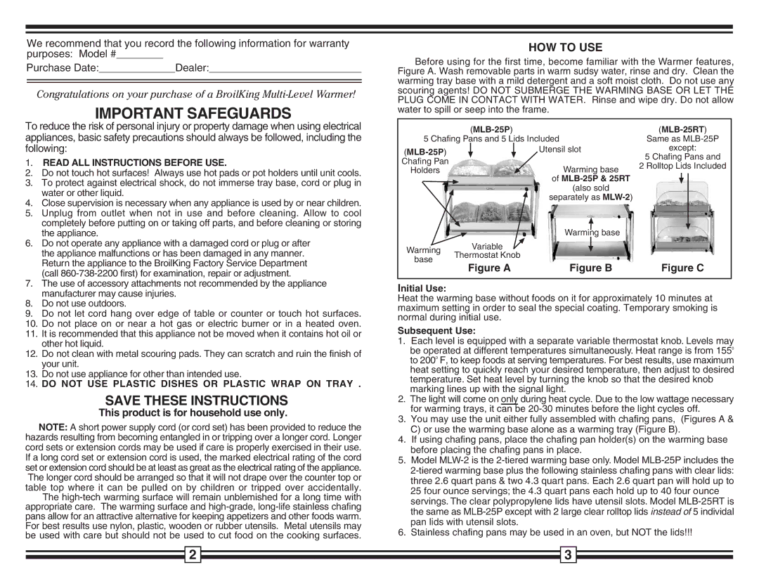 Broil King MLW-25RT warranty HOW to USE, Initial Use, Subsequent Use 