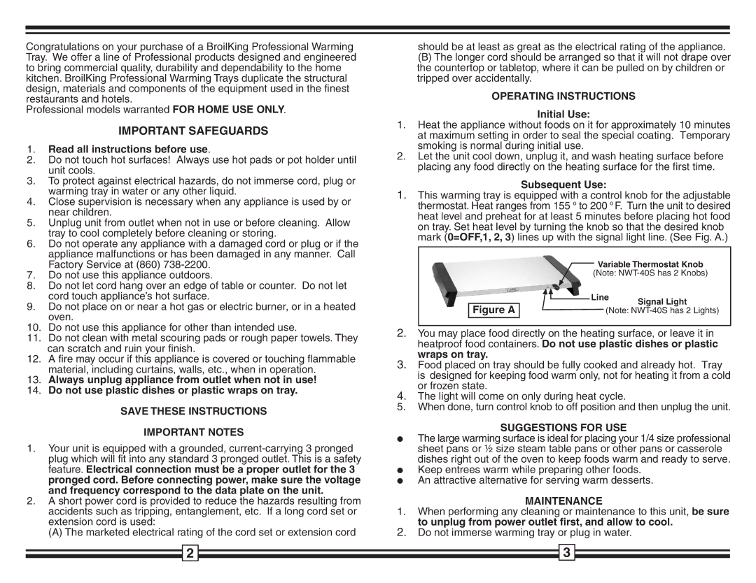 Broil King NWT-28S, NWTP-28S, NWT-1B, NWT-1S Important Notes, Operating Instructions, Suggestions for USE, Maintenance 