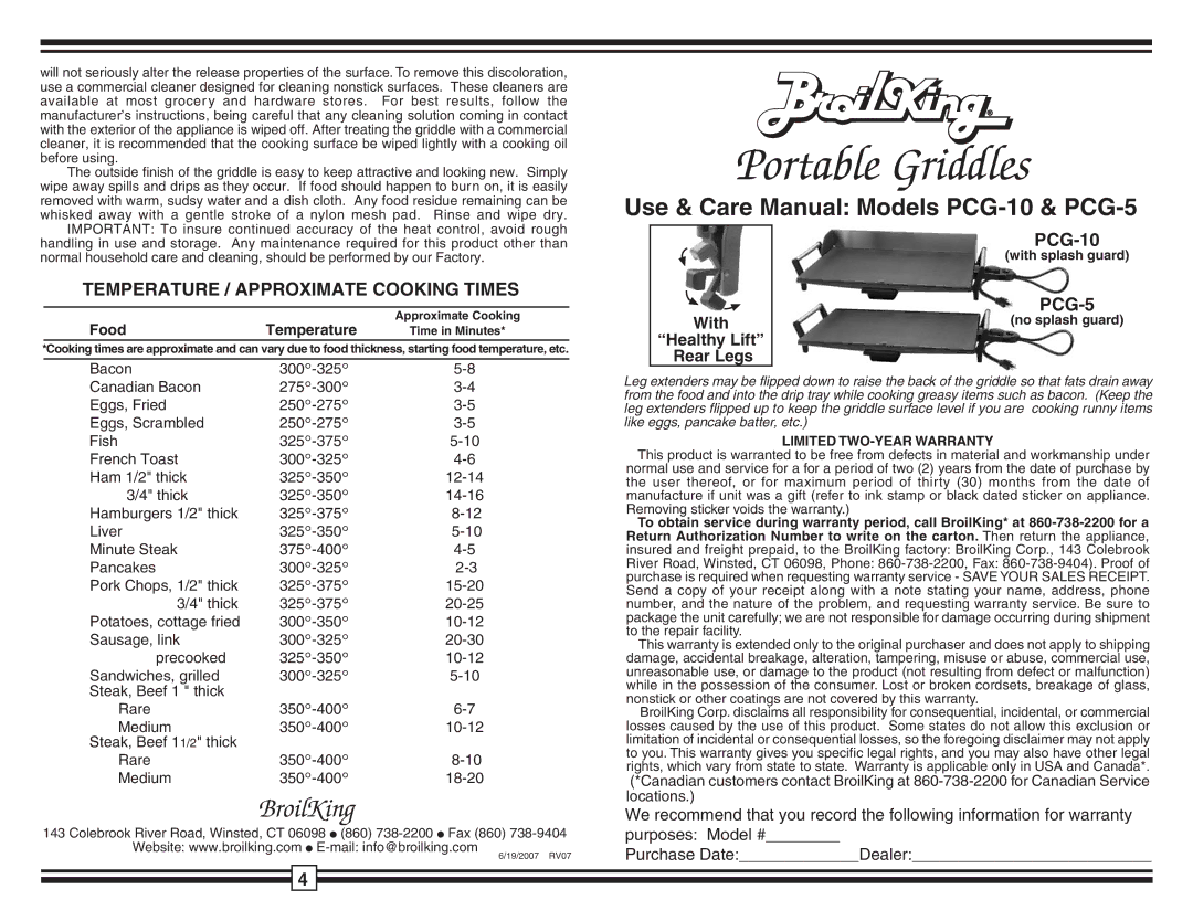 Broil King PCG-5, PCG-10 warranty Temperature / Approximate Cooking Times 