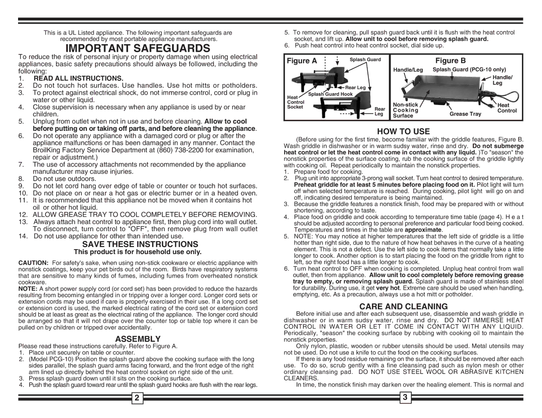 Broil King PCG-10, PCG-5 warranty Assembly, HOW to USE, Care and Cleaning 