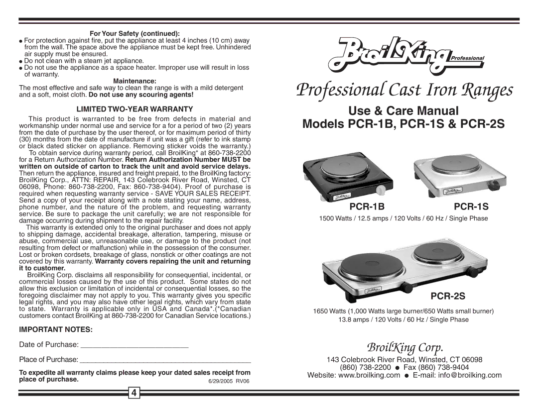 Broil King PCR-1B, PCR-1S, PCR-2S warranty For Your Safety, Maintenance 