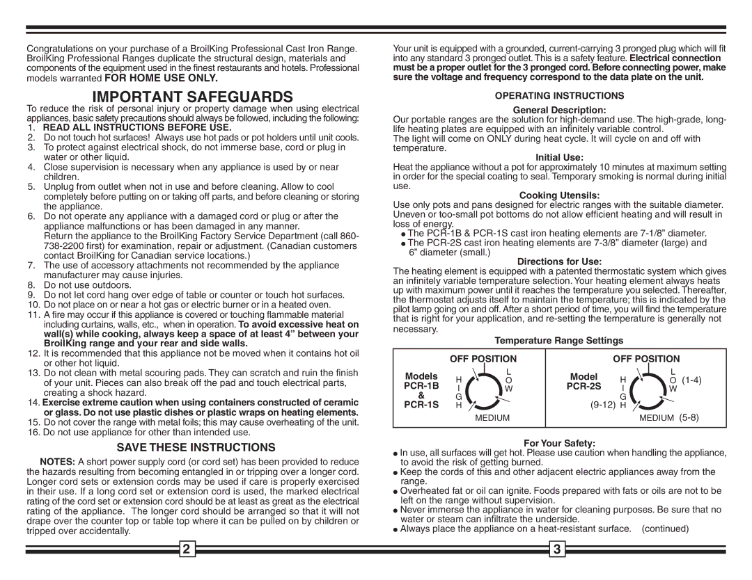 Broil King PCR-1B, PCR-1S, PCR-2S Read ALL Instructions Before USE, Operating Instructions, OFF Position, PCR-1B PCR-1S 