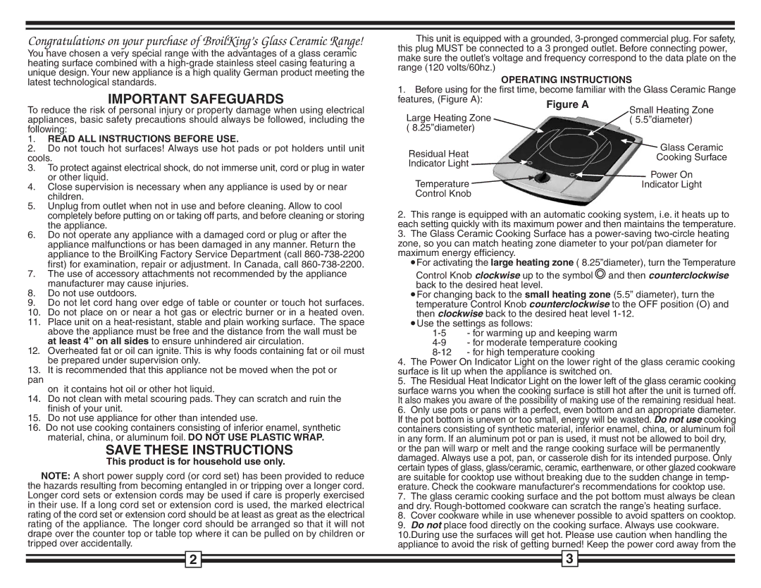 Broil King PHR-1 warranty Read ALL Instructions Before USE, Operating Instructions 