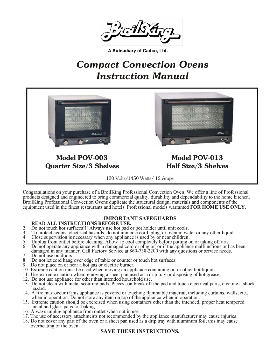 Broil King POV-003 instruction manual Compact Convection Ovens 