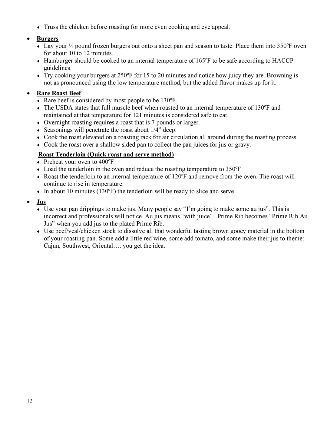 Broil King POV-003 instruction manual Burgers, Rare Roast Beef, Roast Tenderloin Quick roast and serve method, Jus 