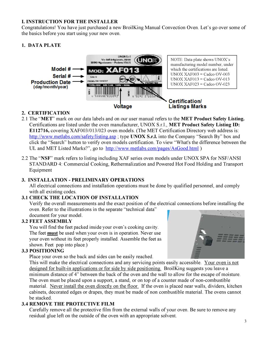 Broil King POV-003 Instruction for the Installer, Data Plate Certification, Installation Preliminary Operations 