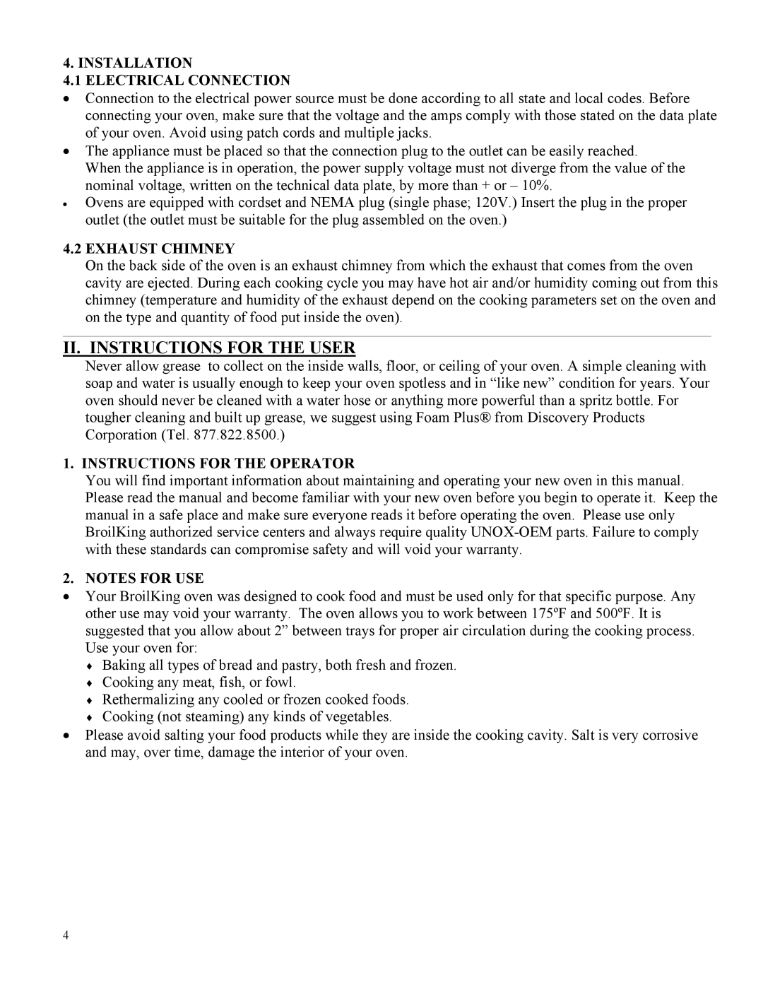 Broil King POV-003 instruction manual II. Instructions for the User, Installation Electrical Connection, Exhaust Chimney 