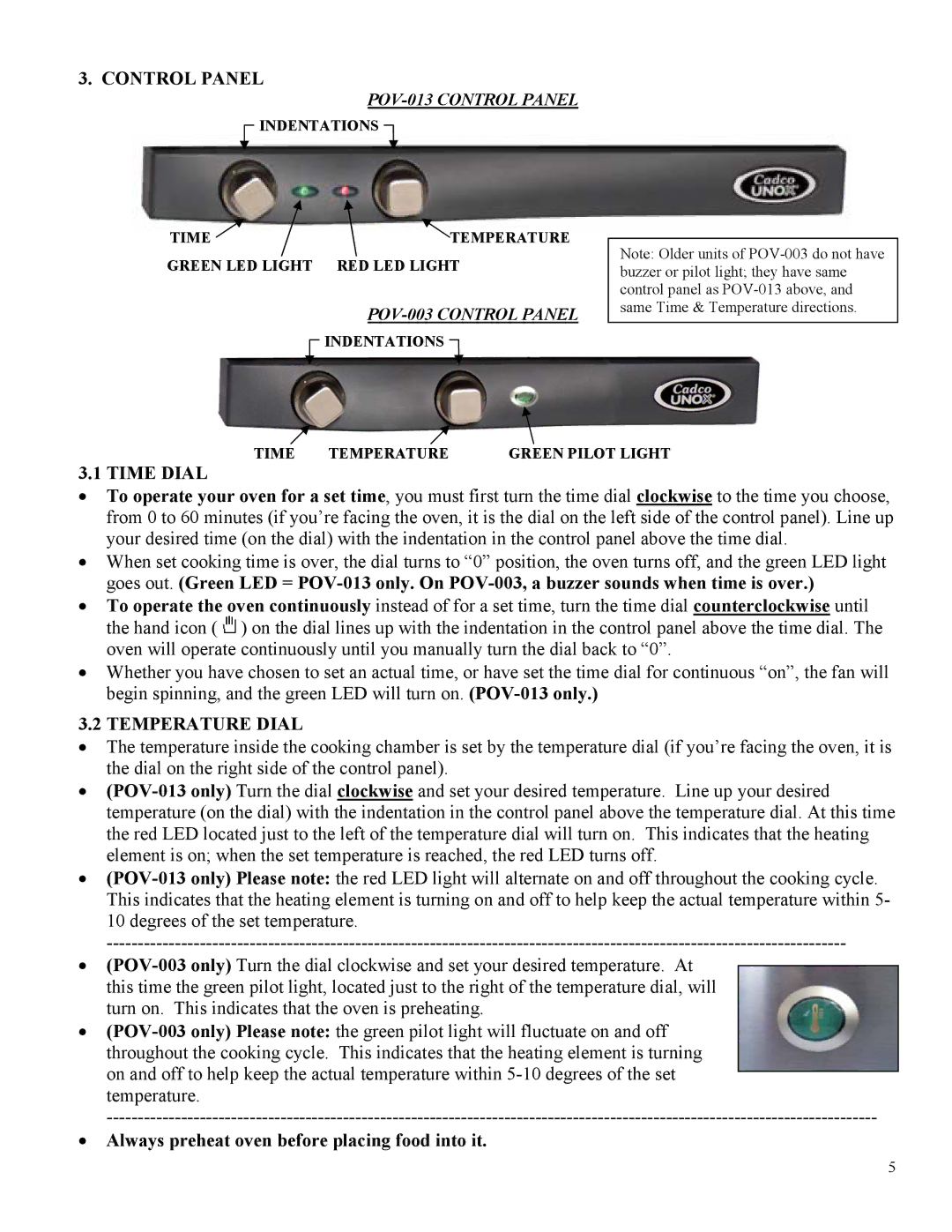 Broil King POV-003 Control Panel, Time Dial, Temperature Dial, Always preheat oven before placing food into it 