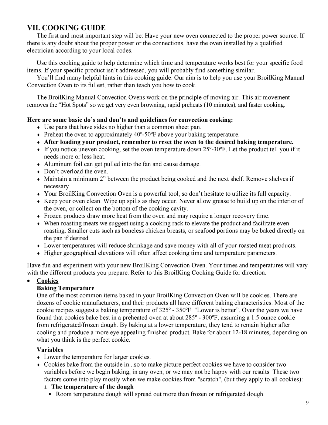 Broil King POV-003 instruction manual VII. Cooking Guide, Cookies Baking Temperature, Variables, Temperature of the dough 