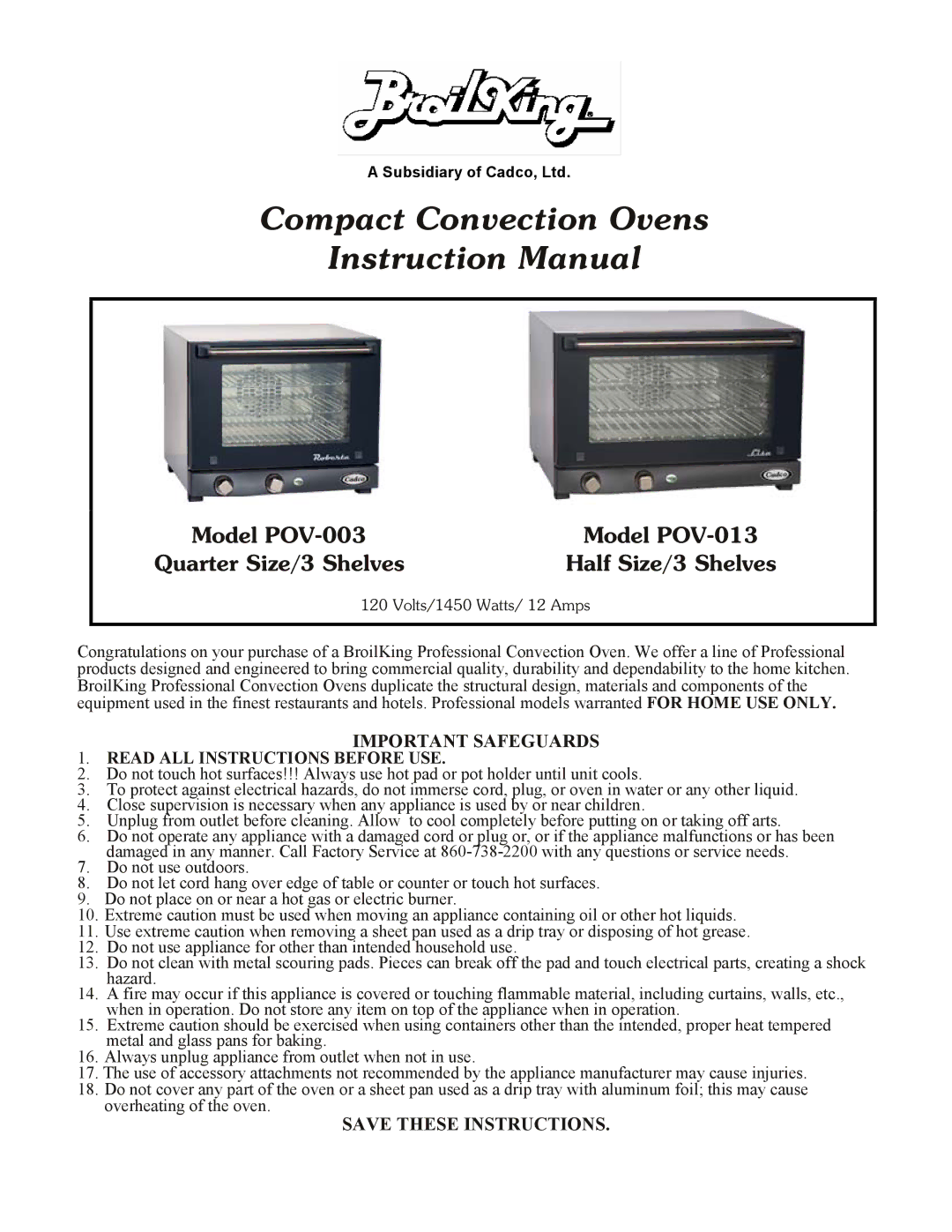 Broil King POV-013 instruction manual Compact Convection Ovens 