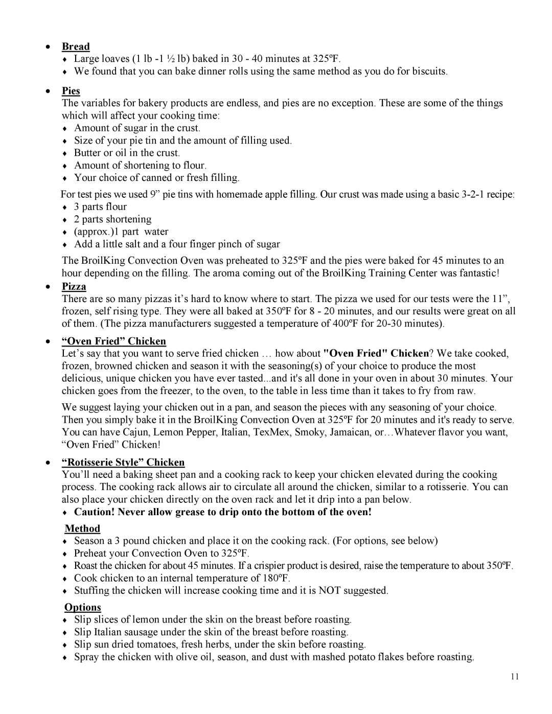 Broil King POV-013 instruction manual Bread, Pies, Pizza, Oven Fried Chicken, Rotisserie Style Chicken, Method, Options 