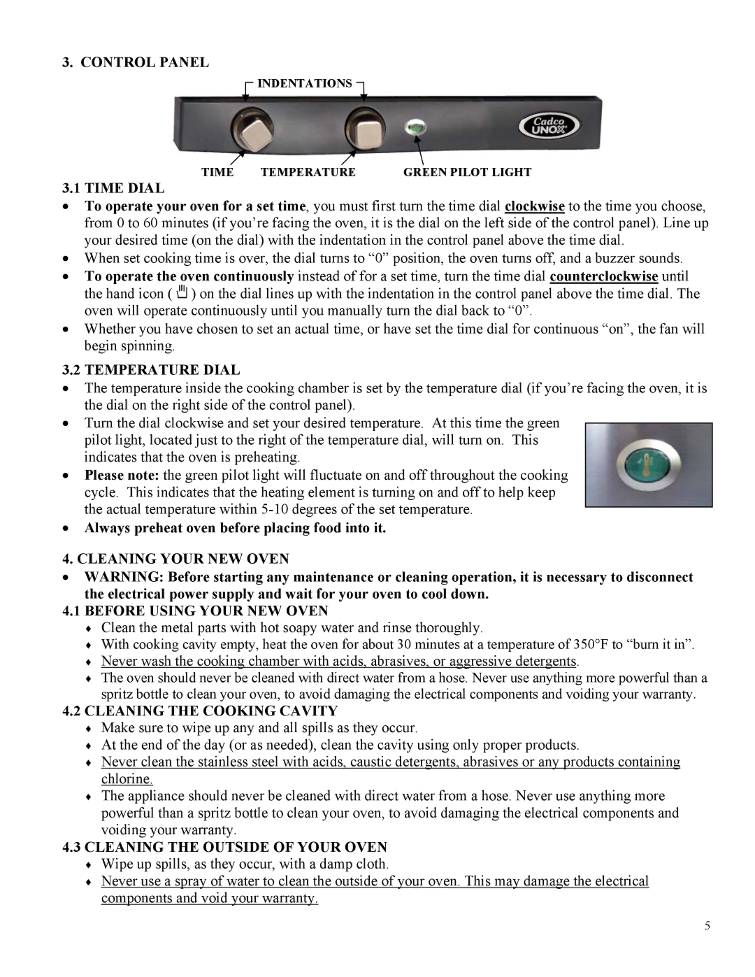 Broil King POV-013 Control Panel, Time Dial, Temperature Dial, Cleaning Your NEW Oven Before Using Your NEW Oven 