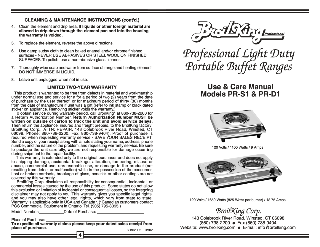 Broil King PR-D1 warranty CLEANING & MAINTENANCE INSTRUCTIONS cont’d, Limited Two-Yearwarranty, BroilKing Corp, l Fax 