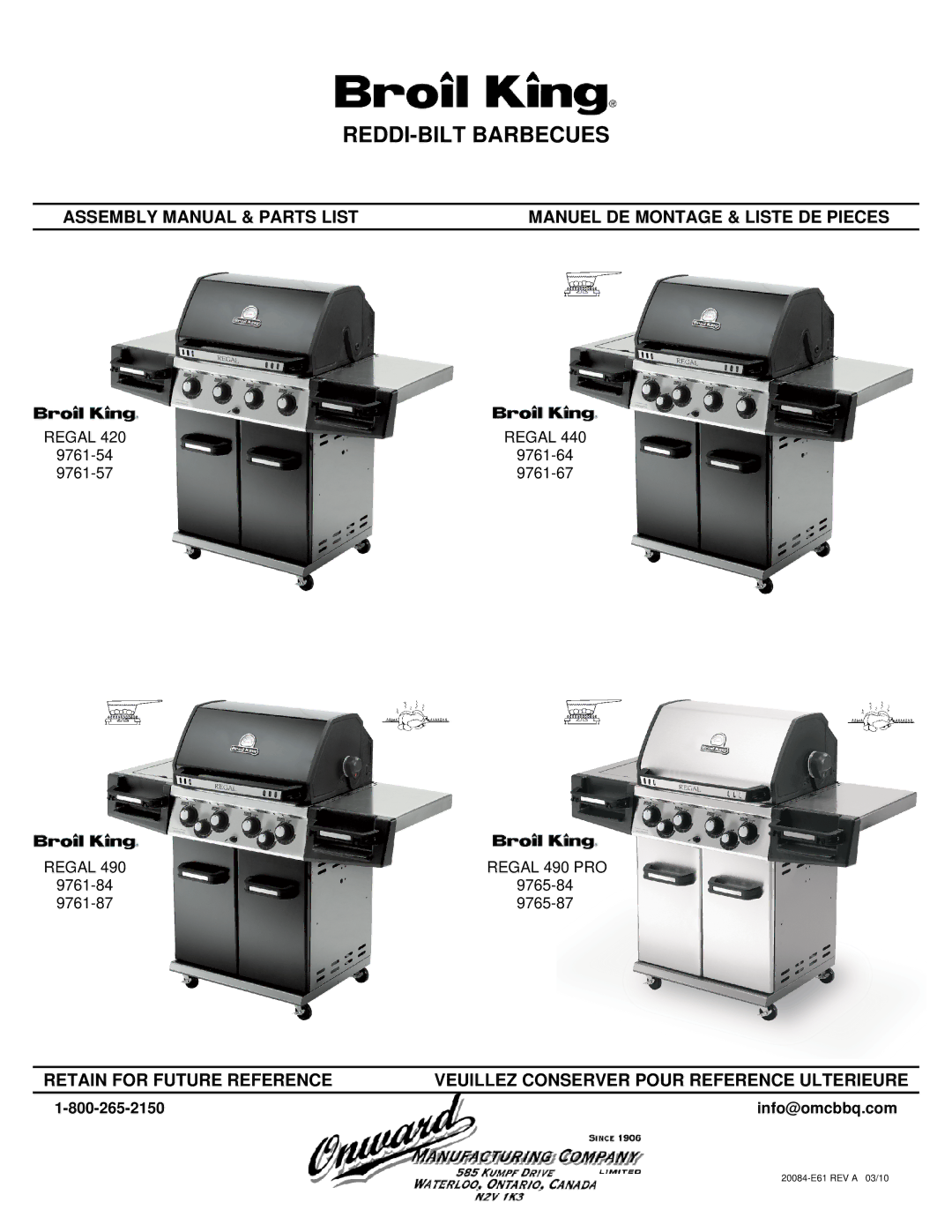 Broil King REGAL 420, REGAL 440, REGAL 490 PRO, 9761-54, 9761-84, 9761-64, 9761-57, 9761-87, 9761-67 manual REDDI-BILT Barbecues 