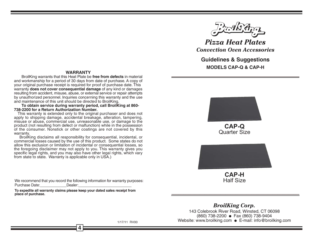 Broil King RV00 warranty Pizza Heat Plates, Cap-Q, Cap-H, Convection Oven Accessories, BroilKing Corp 