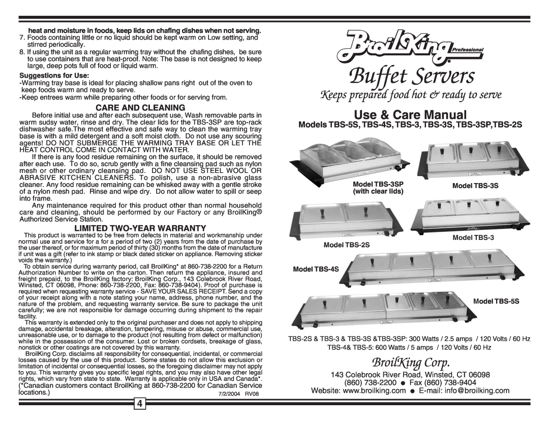 Broil King TBS-2S warranty Care And Cleaning, Limited Two-Yearwarranty, Buffet Servers, BroilKing Corp, Use & Care Manual 
