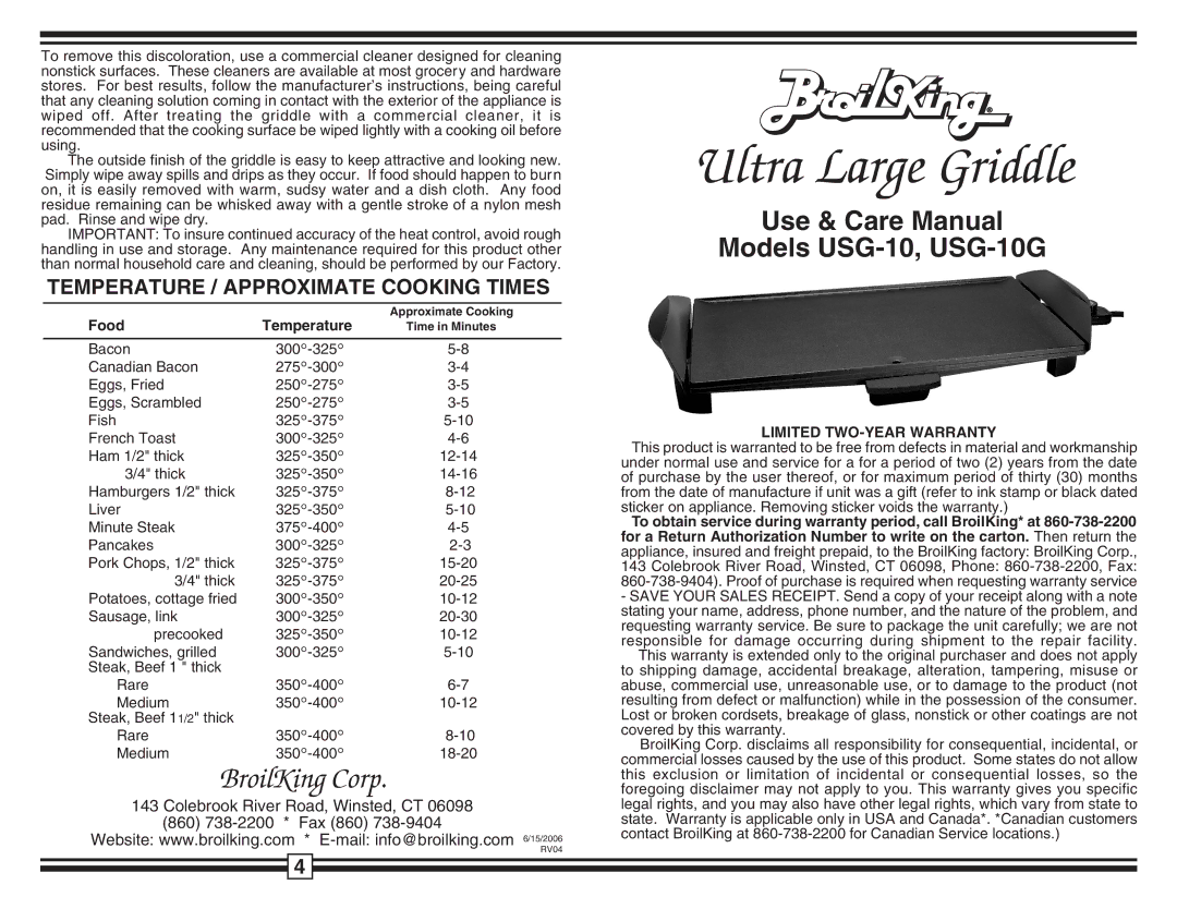 Broil King warranty Ultra Large Griddle, Use & Care Manual Models USG-10, USG-10G, Food Temperature 