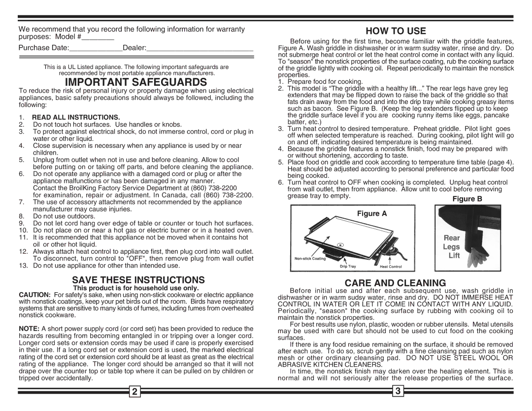 Broil King USG-10G warranty Important Safeguards, HOW to USE, Care and Cleaning, Read ALL Instructions 