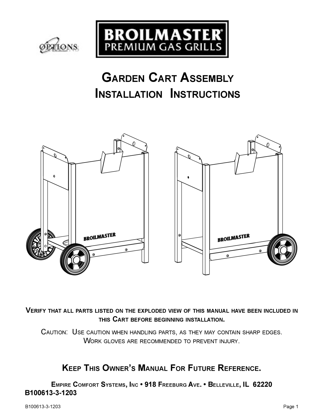 Broilmaster B100613-3-1203 owner manual Garden Cart Assembly Installation Instructions 