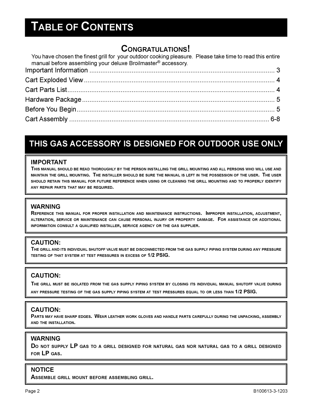 Broilmaster B100613-3-1203 owner manual Table of Contents 