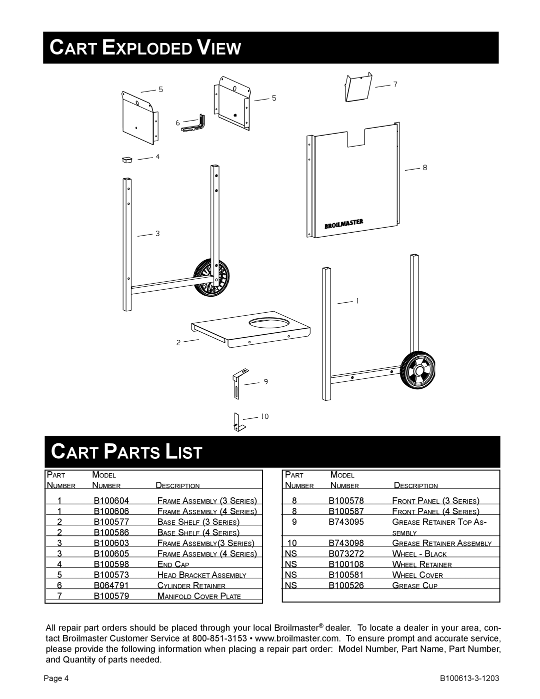 Broilmaster B100613-3-1203 Cart Exploded View Cart Parts List, B100577 Base Shelf 3 Series B100586 Base Shelf 4 Series 