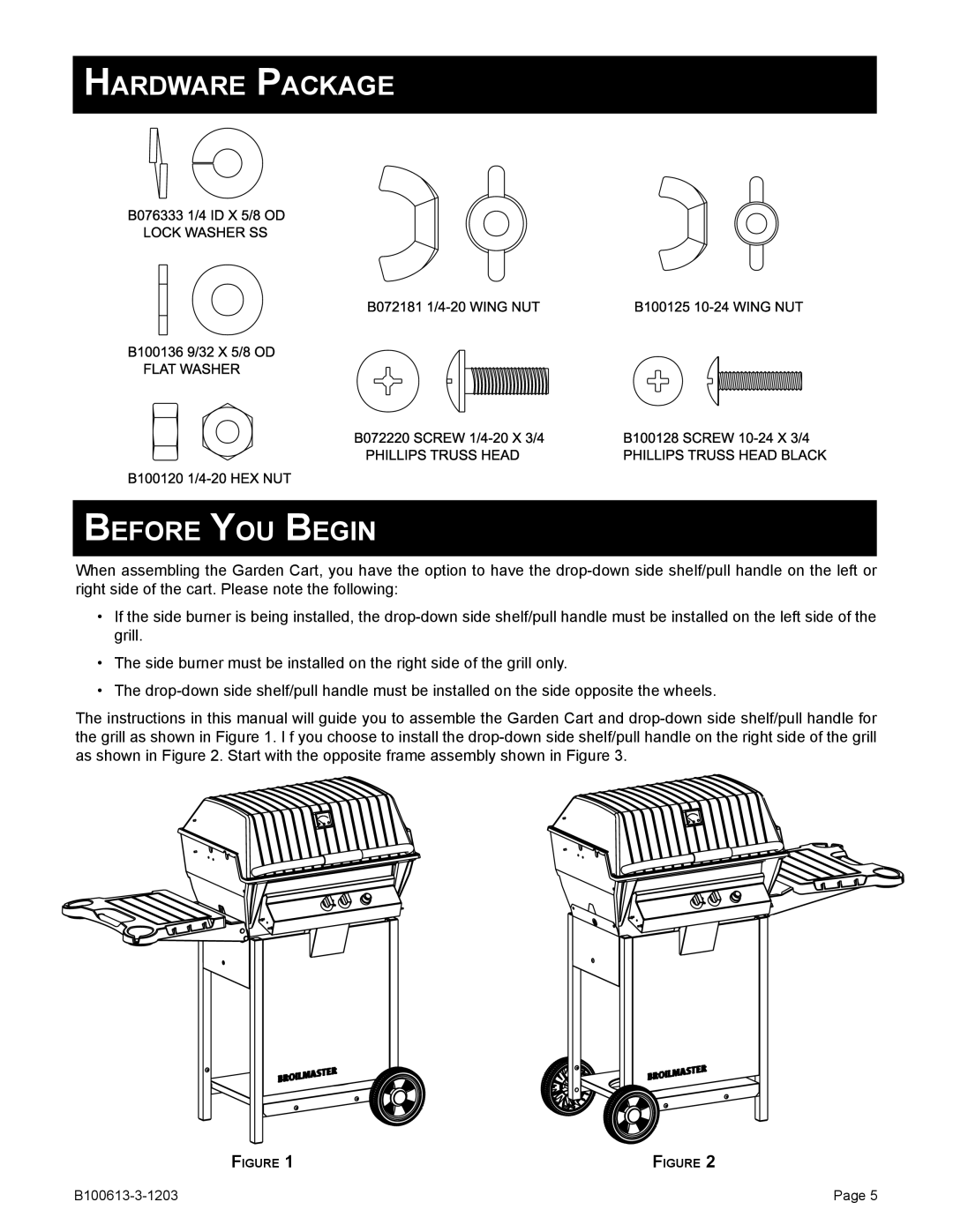 Broilmaster B100613-3-1203 owner manual Hardware Package Before YOU Begin 