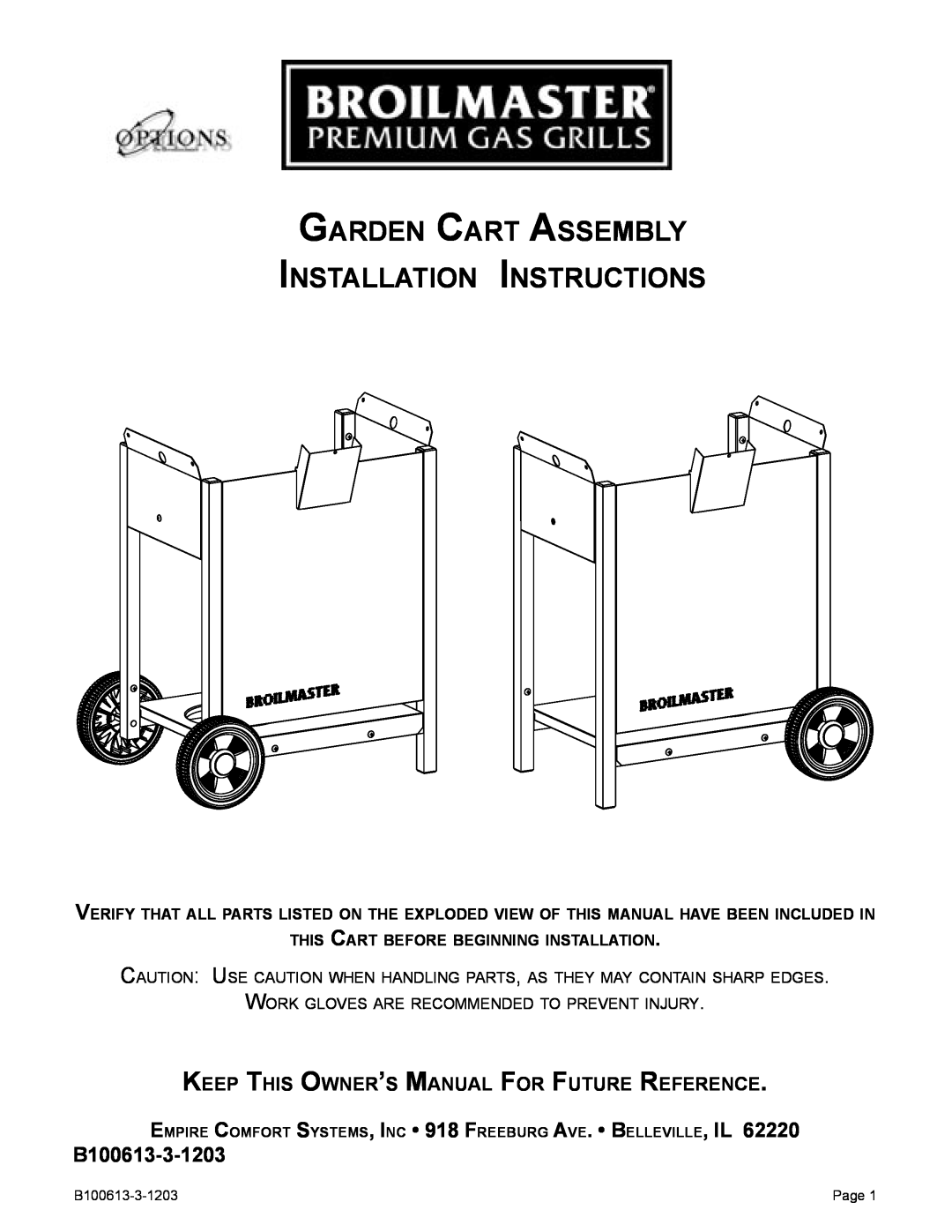 Broilmaster B100613-3-1203 owner manual Garden Cart Assembly Installation Instructions, Page 