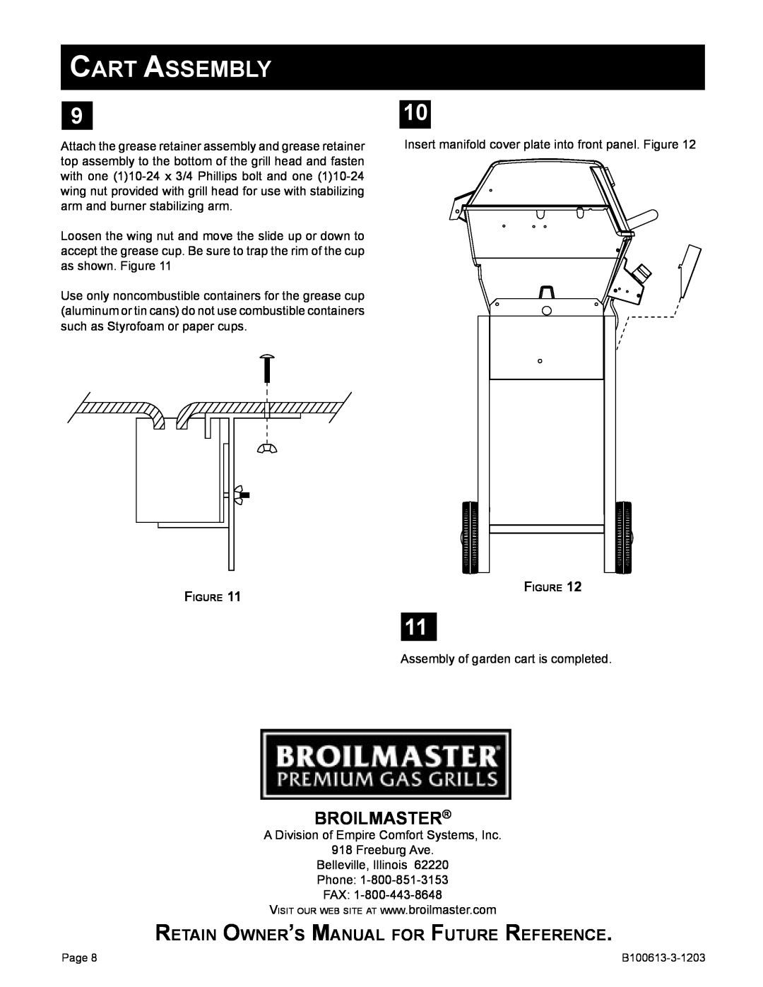Broilmaster B100613-3-1203 owner manual Retain Owner’S Manual For Future Reference, Cart Assembly, Broilmaster 
