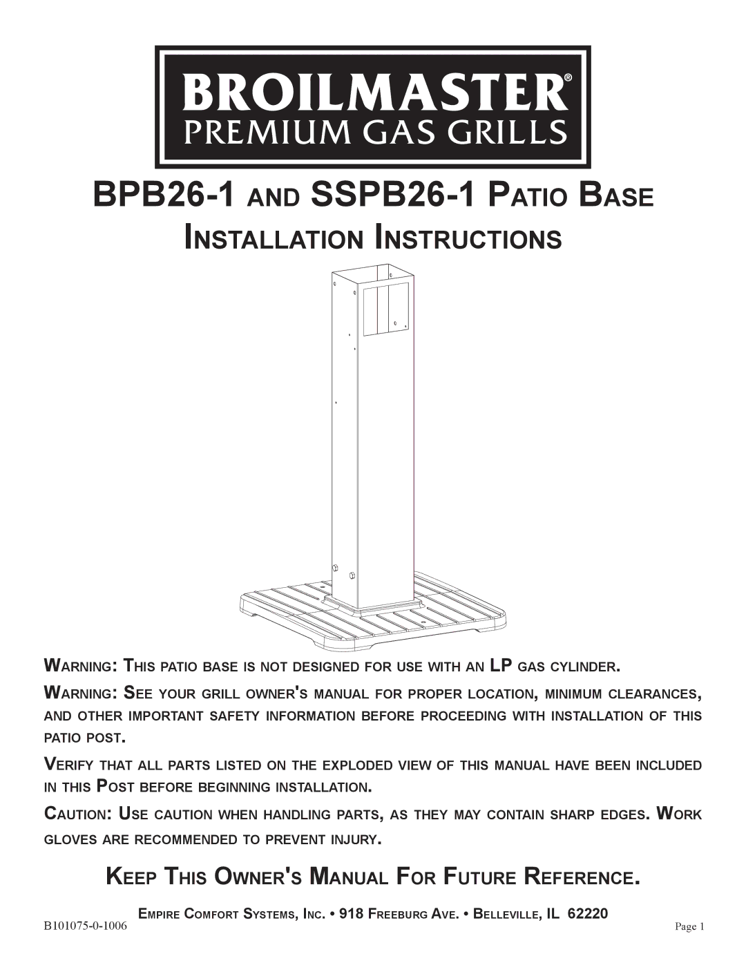 Broilmaster owner manual BPB26-1 and SSPB26-1 Patio Base 