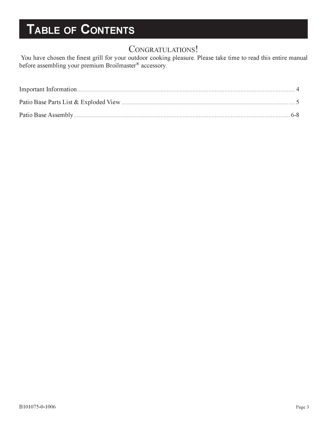 Broilmaster BPB26-1 owner manual Table of Contents 