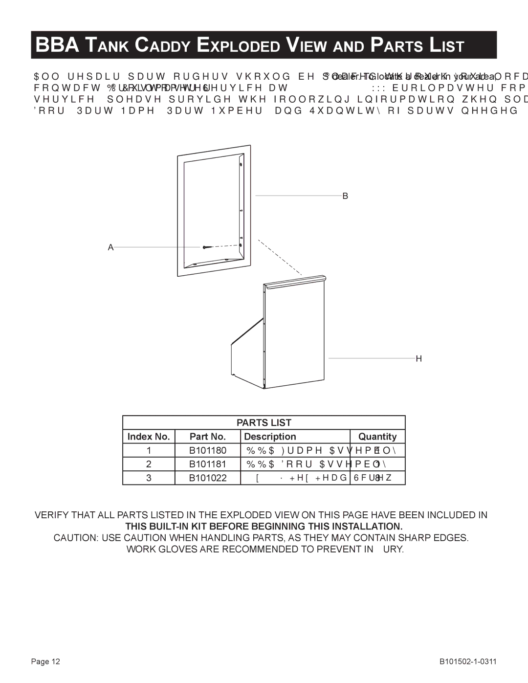 Broilmaster BSA-1, BRB-1, BHA-1, BHAX-1, BDA-1, BBA-1 owner manual BBA Tank Caddy Exploded View and Parts List 