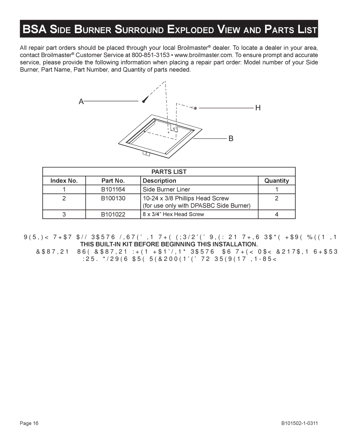 Broilmaster BDA-1, BSA-1, BRB-1, BHA-1, BHAX-1, BBA-1 owner manual BSA Side Burner Surround Exploded View and Parts List 