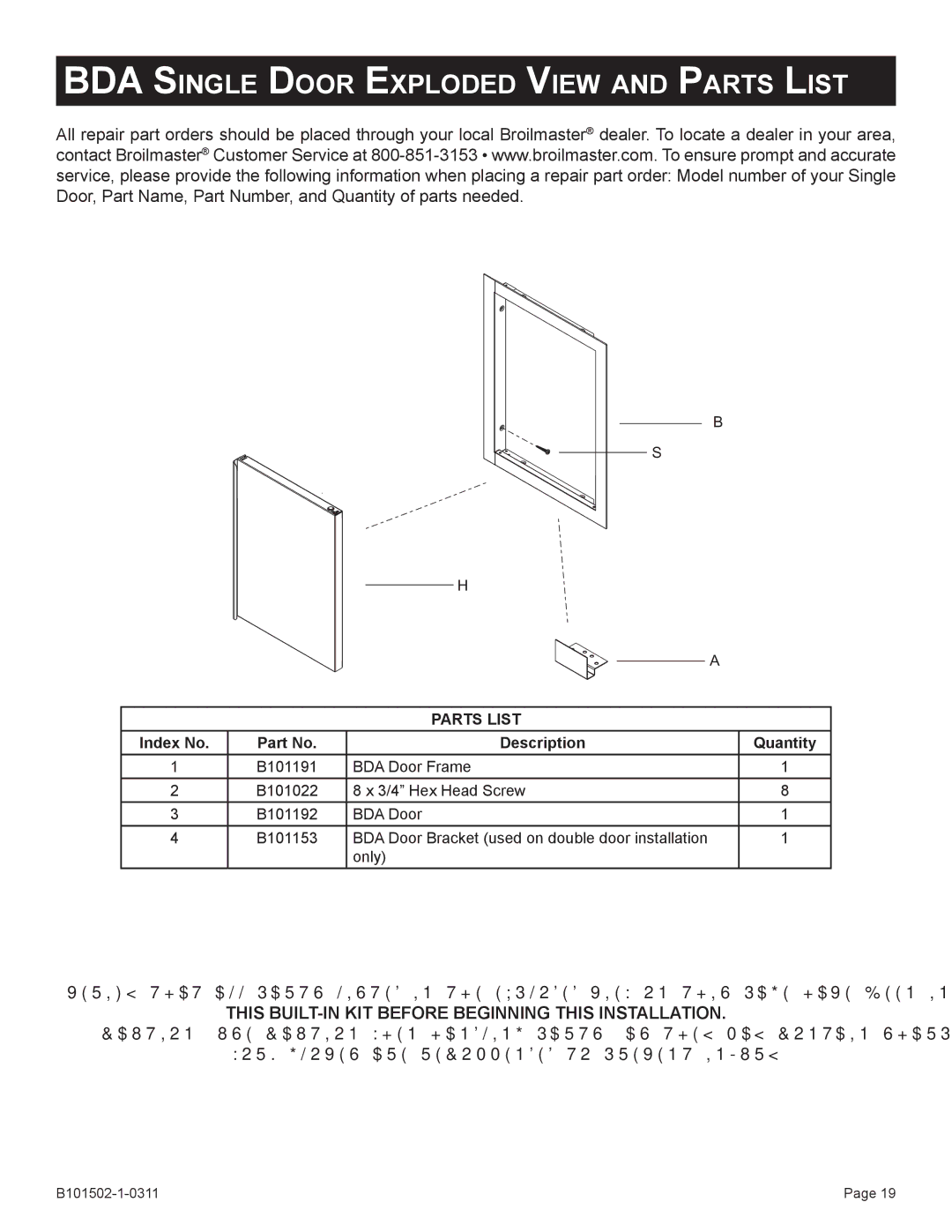 Broilmaster BRB-1, BSA-1, BHA-1, BHAX-1, BDA-1, BBA-1 owner manual BDA Single Door Exploded View and Parts List 