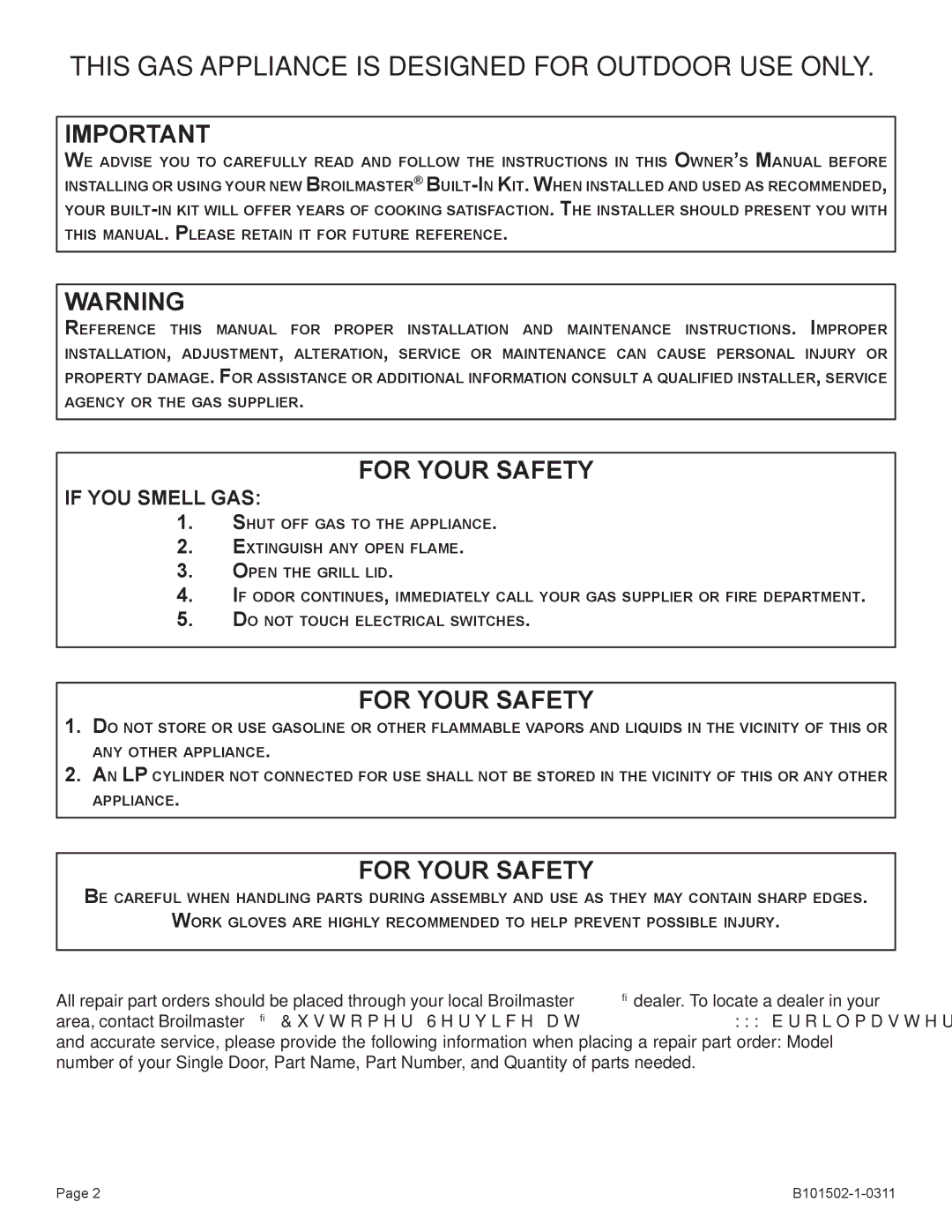 Broilmaster BHA-1, BSA-1, BRB-1, BHAX-1, BDA-1, BBA-1 owner manual This GAS Appliance is Designed for Outdoor USE only 