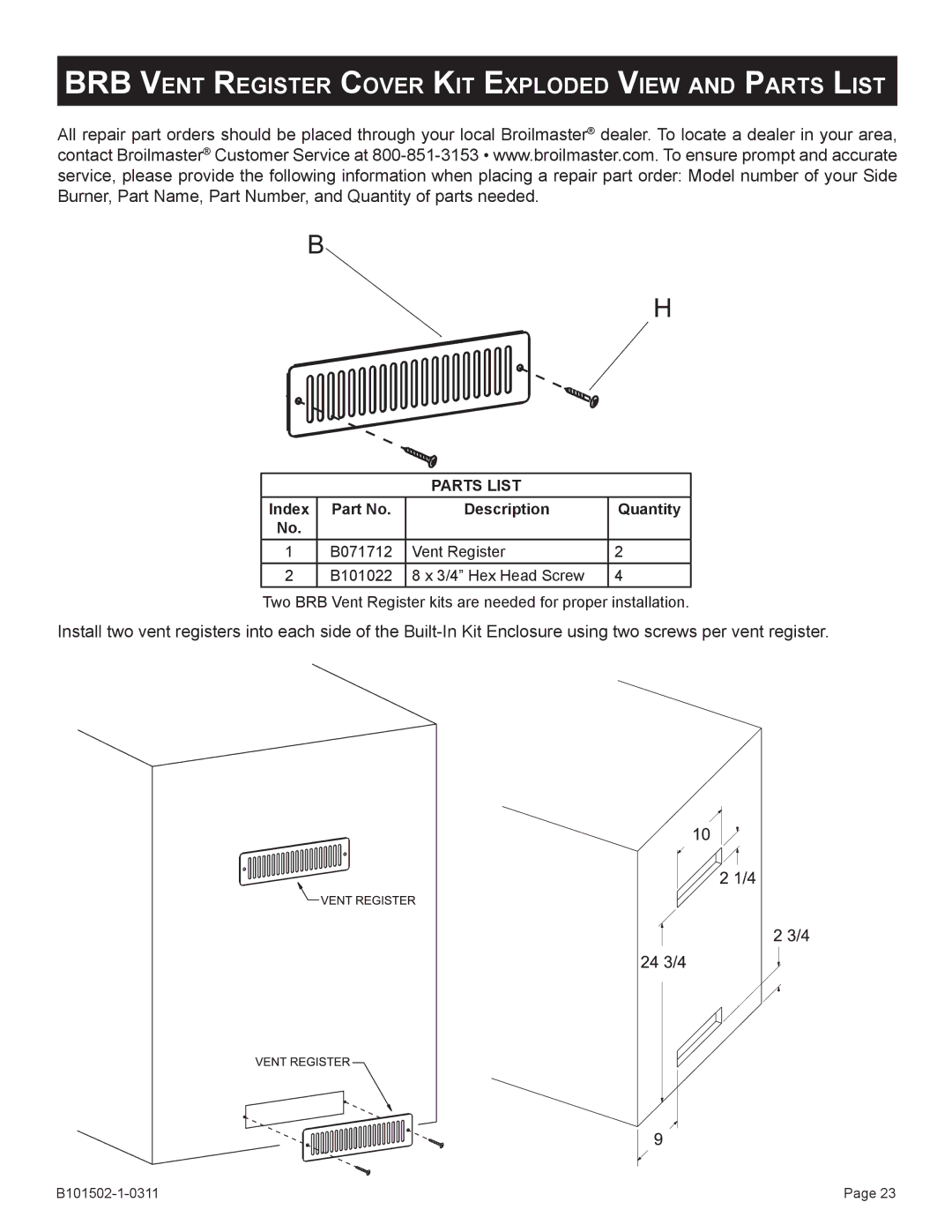 Broilmaster BBA-1, BSA-1, BRB-1, BHA-1, BHAX-1, BDA-1 owner manual BRB Vent Register Cover Kit Exploded View and Parts List 