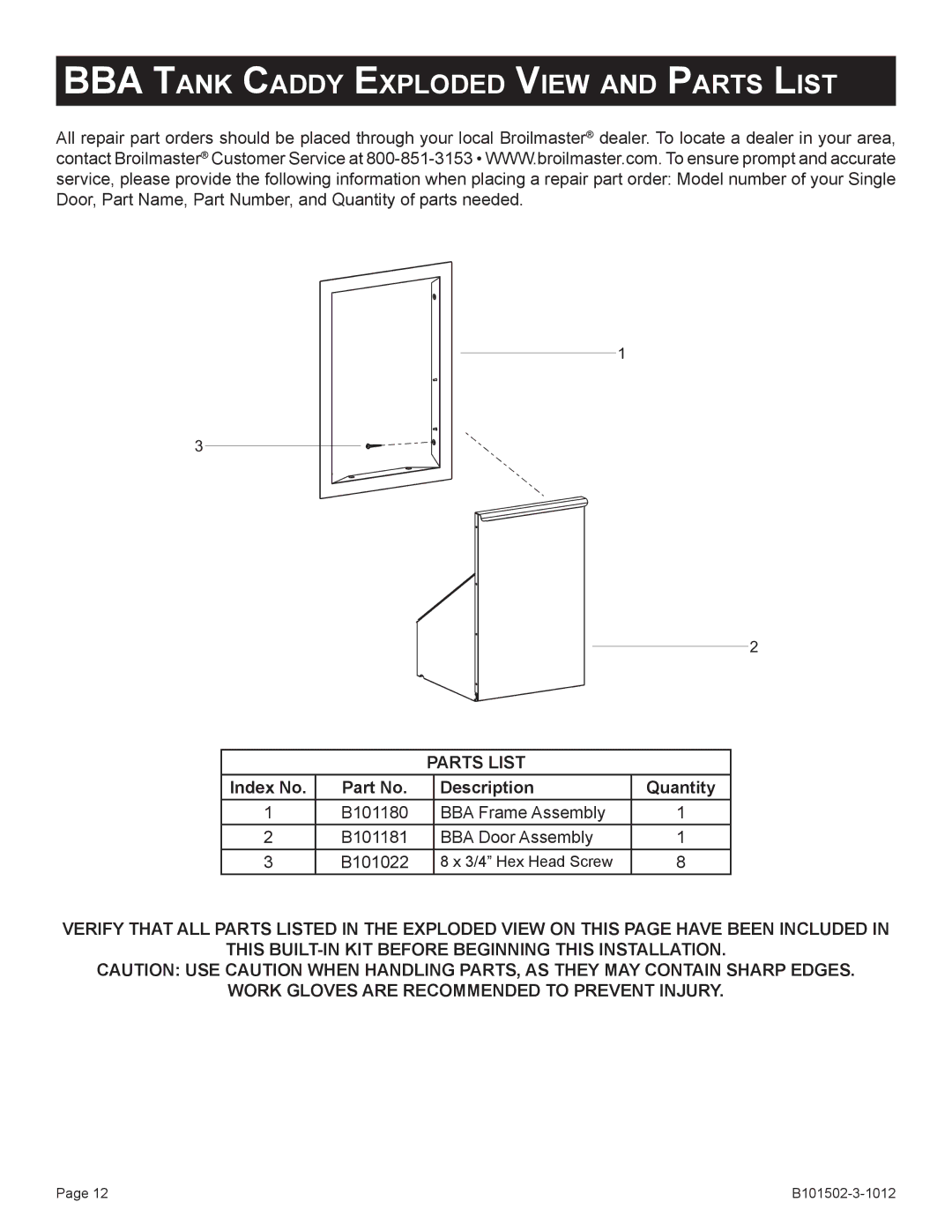 Broilmaster BHAX-1, BSA-1, BRB-1, BDA-1, BBA-1 owner manual BBA Tank Caddy Exploded View and Parts List 