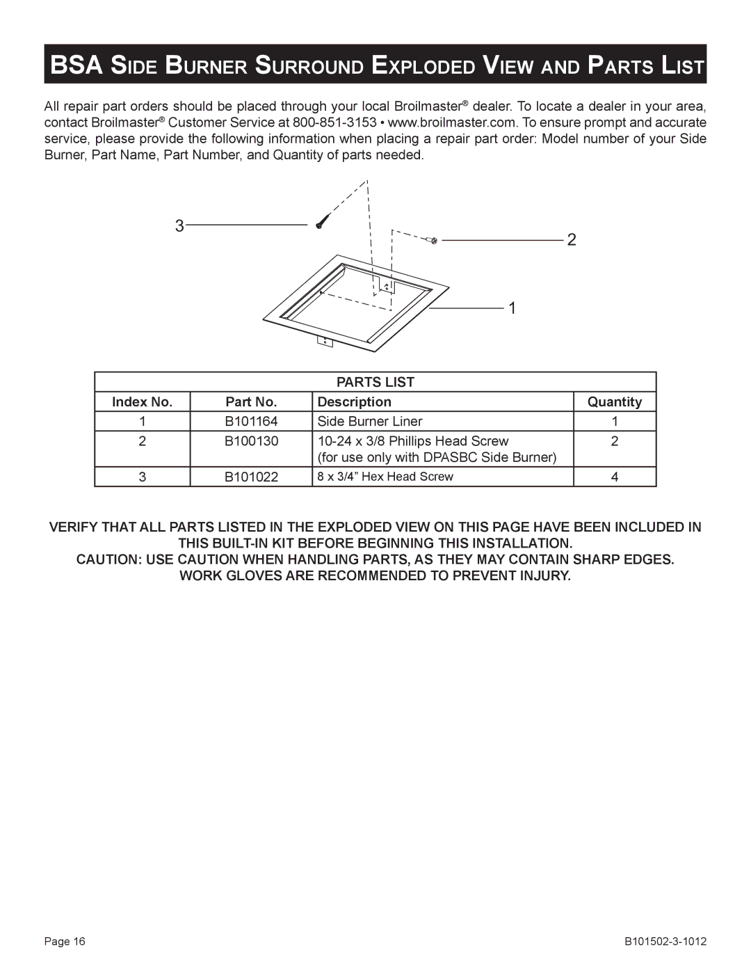 Broilmaster BRB-1, BSA-1, BHAX-1, BDA-1, BBA-1 owner manual BSA Side Burner Surround Exploded View and Parts List 