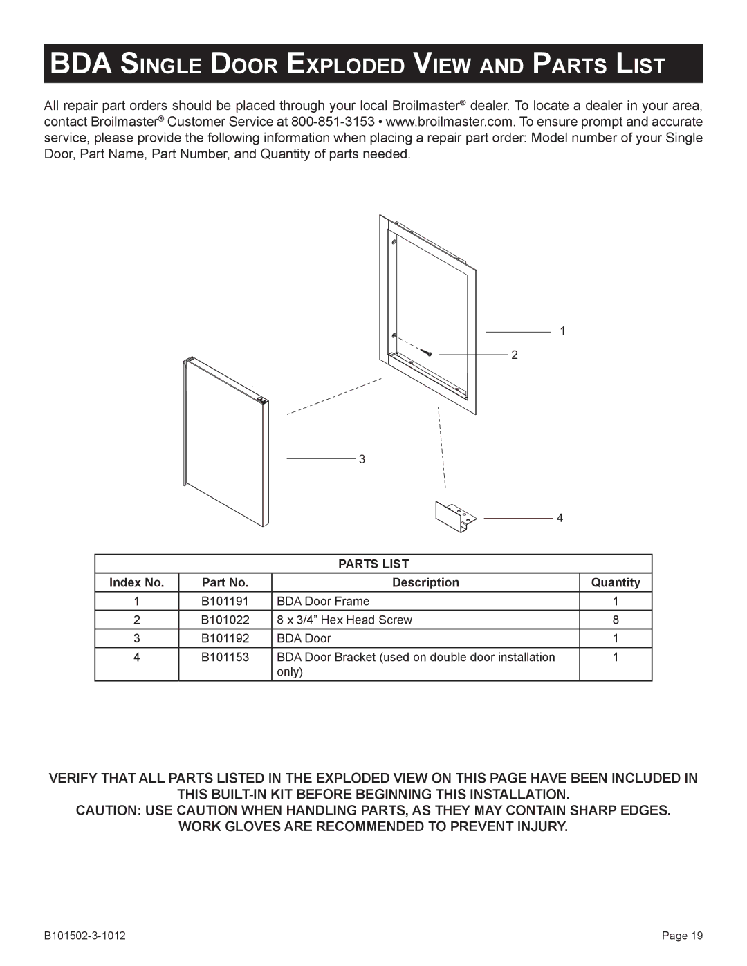 Broilmaster BBA-1, BSA-1, BRB-1, BHAX-1, BDA-1 owner manual BDA Single Door Exploded View and Parts List 