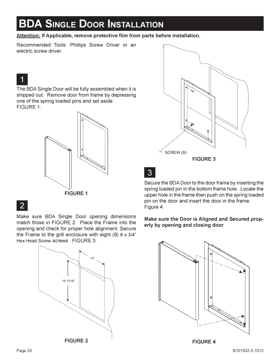 Broilmaster BSA-1, BRB-1, BHAX-1, BDA-1, BBA-1 owner manual BDA Single Door Installation 