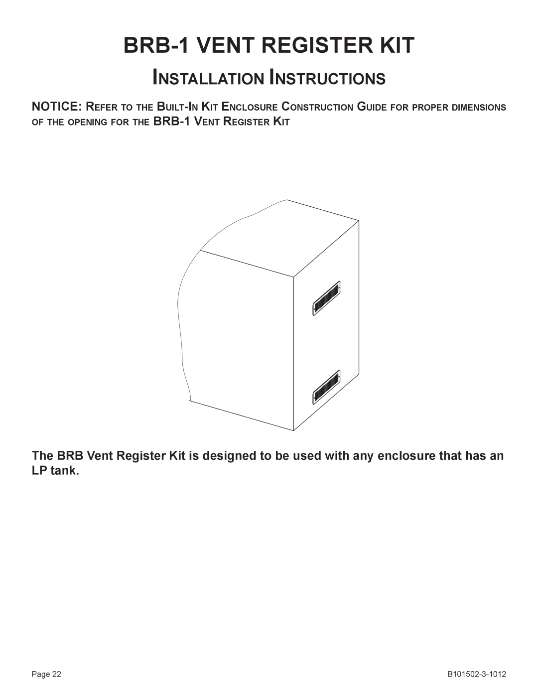 Broilmaster BHAX-1, BSA-1, BDA-1, BBA-1 owner manual BRB-1 Vent Register KIT 